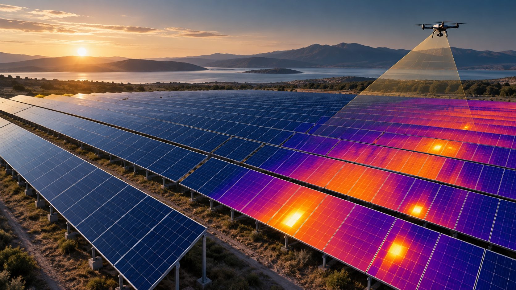 Güneş panellerinde termal anomali incelemesini temsil eden özgün görsel